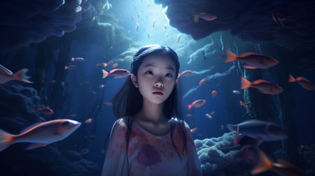 3D illustration of a little asian girl in a sea caveの素材