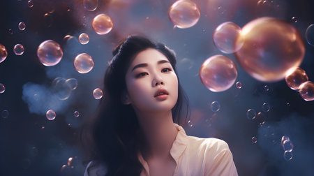 beautiful asian woman blowing soap bubbles on dark background, asian beautyの素材