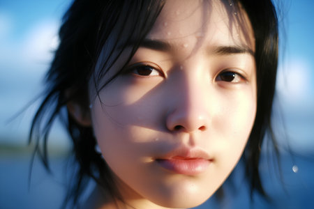 Portrait of a beautiful young asian woman with blue sky backgroundの素材