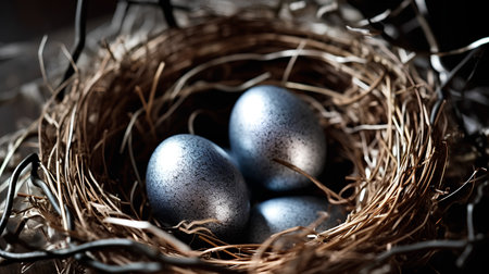 Easter eggs in a nest on a dark background. Toned.の素材