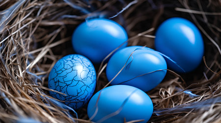 Blue Easter eggs in the nest. Easter background. Close-up.の素材
