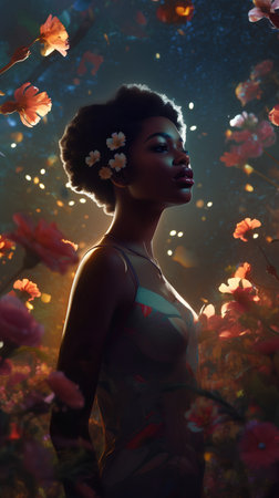 Beautiful young African American woman with flowers in her hair. Beauty, fashion.の素材