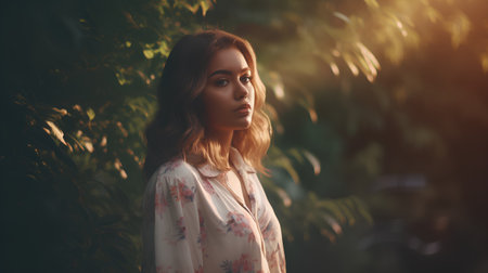 Portrait of a beautiful young woman in the park. Sunset light.の素材