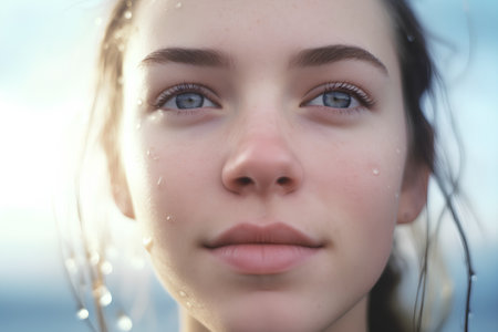 Portrait of a beautiful girl with blue eyes and wet hair.の素材