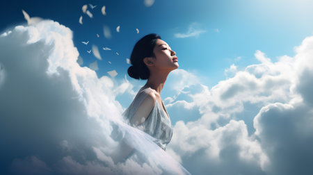 Beautiful asian woman sitting on the cloud in the blue skyの素材