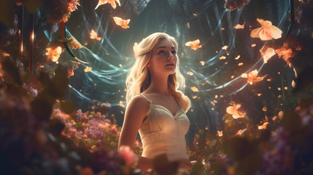 Beautiful blonde girl in a fairy forest with butterflies and flowers. 3d renderingの素材