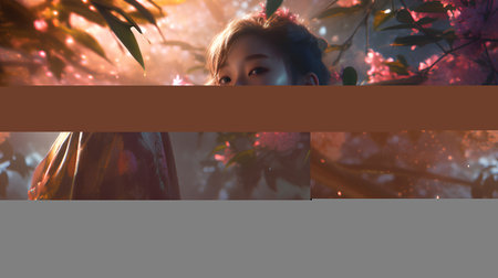Beautiful asian woman in a kimono with cherry blossomの素材