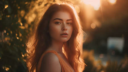 Portrait of a beautiful young woman with red hair in the parkの素材