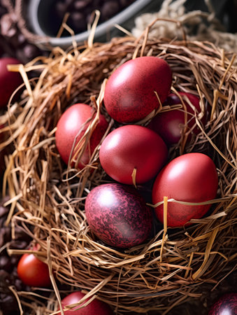 Easter eggs in a nest on a wooden background. Selective focus.の素材