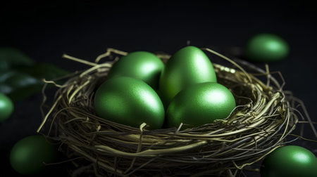 Green easter eggs in a nest on a black background with copy spaceの素材