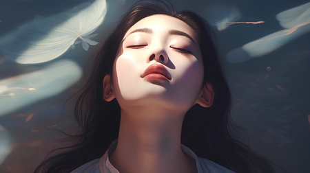 Beautiful girl with closed eyes and butterflies on a dark background. 3d renderingの素材