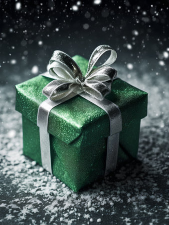 Green gift box with silver bow on snow background. Christmas and New Year concept.の素材