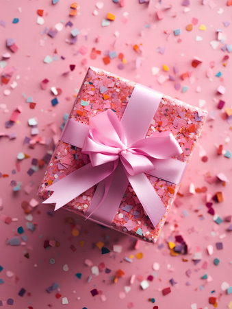 Gift box with pink ribbon and confetti on pink background.の素材