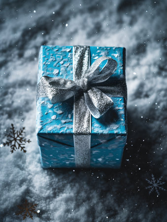 Blue gift box with silver bow on snow. Christmas background. Toned.の素材