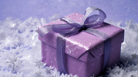 Purple gift box with purple ribbon on snow. Christmas and New Year concept.の素材