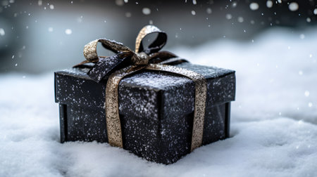Gift box on snow background with bokeh and snowflakesの素材