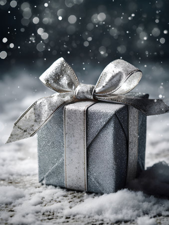 Silver gift box on wooden background with snow and bokeh.の素材