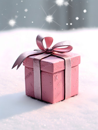 Pink gift box on the snow with bokeh lights background.の素材