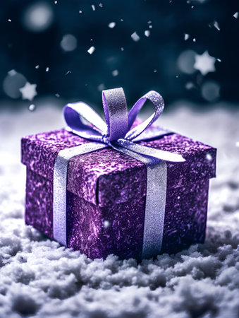 Purple gift box on snow with falling snowflakes. Christmas concept.の素材