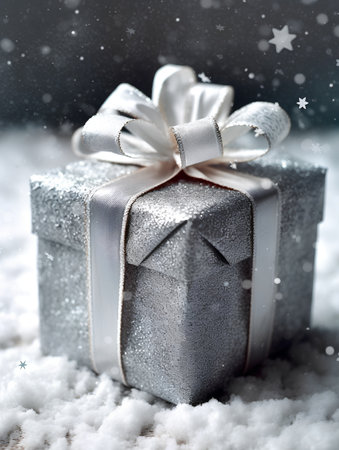 Silver gift box on snow background with falling snowflakes, christmas conceptの素材
