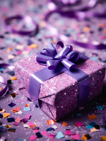 Gift box and confetti on purple background. Selective focus.の素材