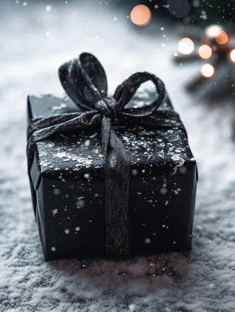 Black gift box on snow with christmas tree and bokeh backgroundの素材