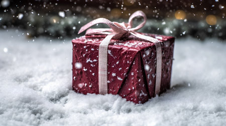 Christmas gift box on snow with bokeh background. Copy space.の素材
