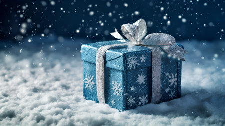Blue gift box on snow with snowflakes. Christmas background.の素材