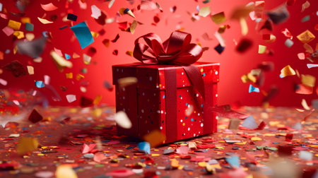 Gift box and confetti on red background. 3d renderingの素材
