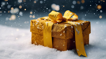 Golden gift box on snow with bokeh effect. Christmas background.の素材