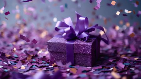 Gift box with purple ribbon on confetti background. 3d renderingの素材