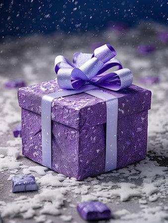 Gift box with purple ribbon on snow background. Christmas and New Year concept.の素材