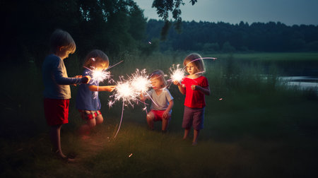 Children with sparklers on nature background. Kids play with firework.の素材