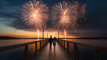 Silhouette of a woman walking on a wooden pier with fireworks in the backgroundの素材