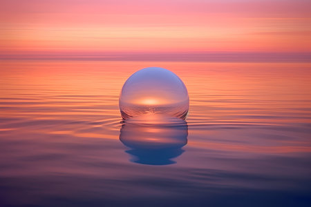 Sunset reflected in a glass sphere on the water of a lakeの素材