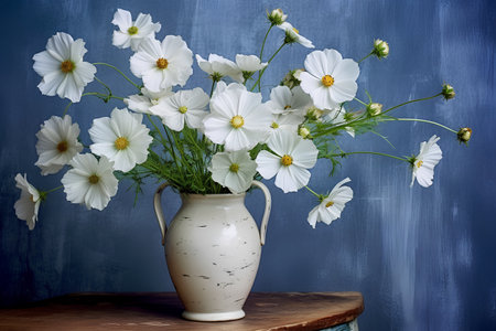 White cosmos flowers in a vase on a blue wall background.の素材