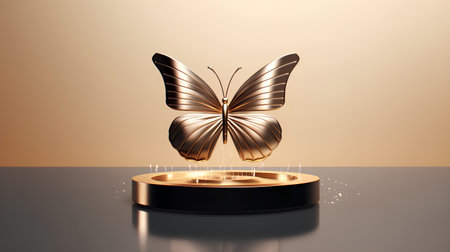 Butterfly and golden podium. 3d realistic vector illustration.の素材