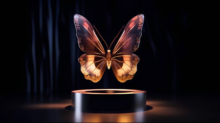 Butterfly on stage. 3D render. Glowing background.の素材