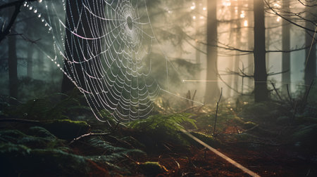 Cobwebs in the misty forest at sunrise. Natural backgroundの素材