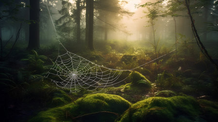 Mysterious morning in the misty forest with cobwebsの素材