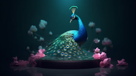 Peacock with flowers on a dark background. 3d renderの素材