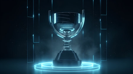 3d rendering of a trophy on a dark background with blue lightsの素材