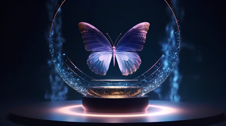 Butterfly in crystal ball on dark background. 3D renderingの素材
