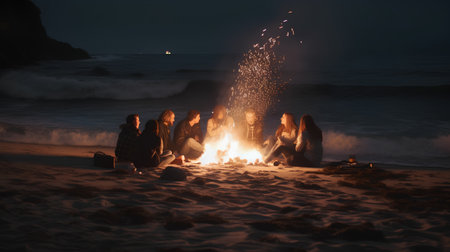 Group of friends sitting around the bonfire on the beach at nightの素材