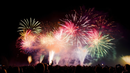 Colorful fireworks of various colors over a crowd at a carnivalの素材
