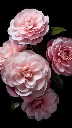 Camellia flowers on a black background. Close-up.の素材