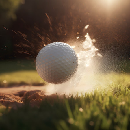 Golf ball on the green grass with splashes of water.の素材