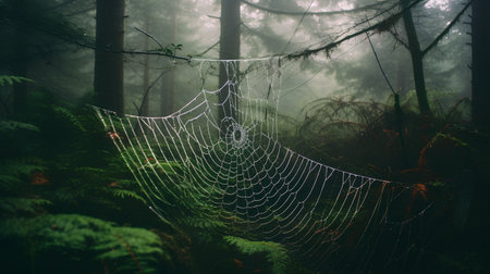 Mysterious spider web in the misty forest. Halloween conceptの素材