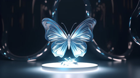 Glowing blue butterfly on a podium. 3d rendering, 3d illustration.の素材