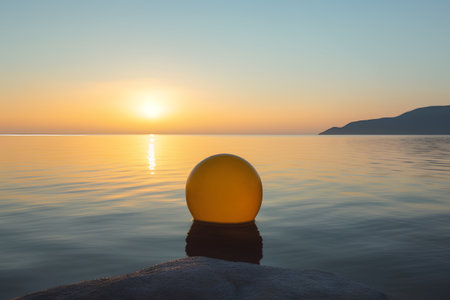 Sunset over the sea with a yellow buoy in the foreground.の素材